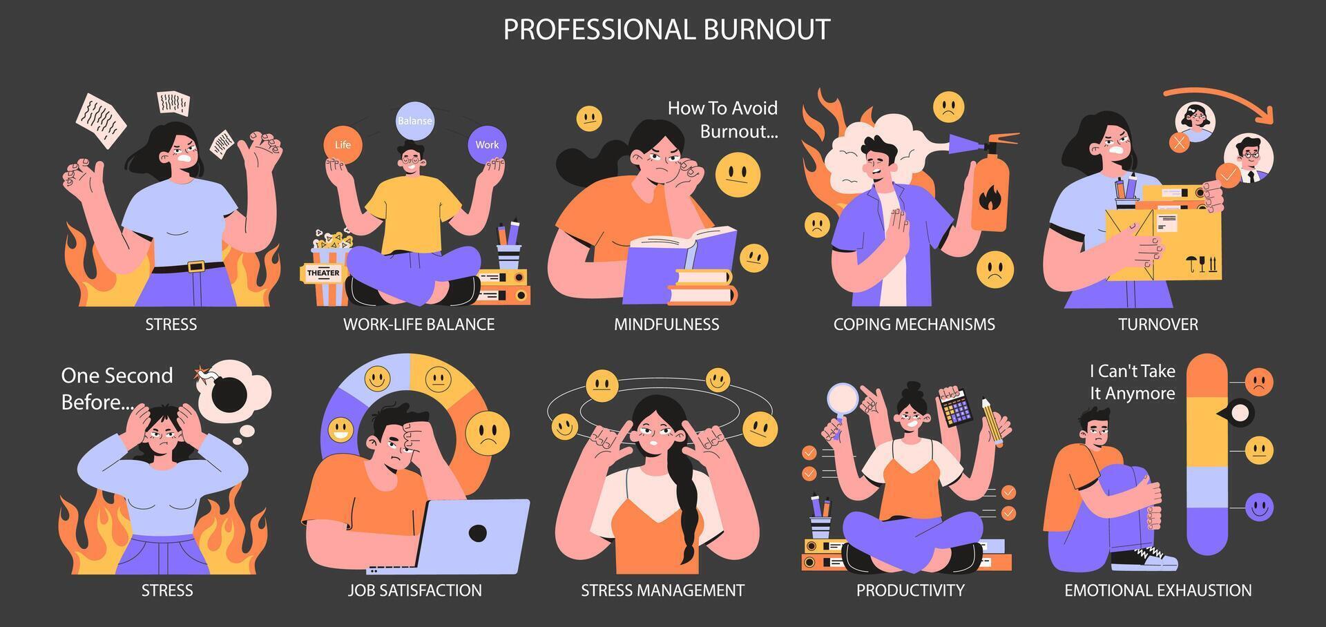 Professional burnout dark or night mode set. Employee on fire at workplace vector