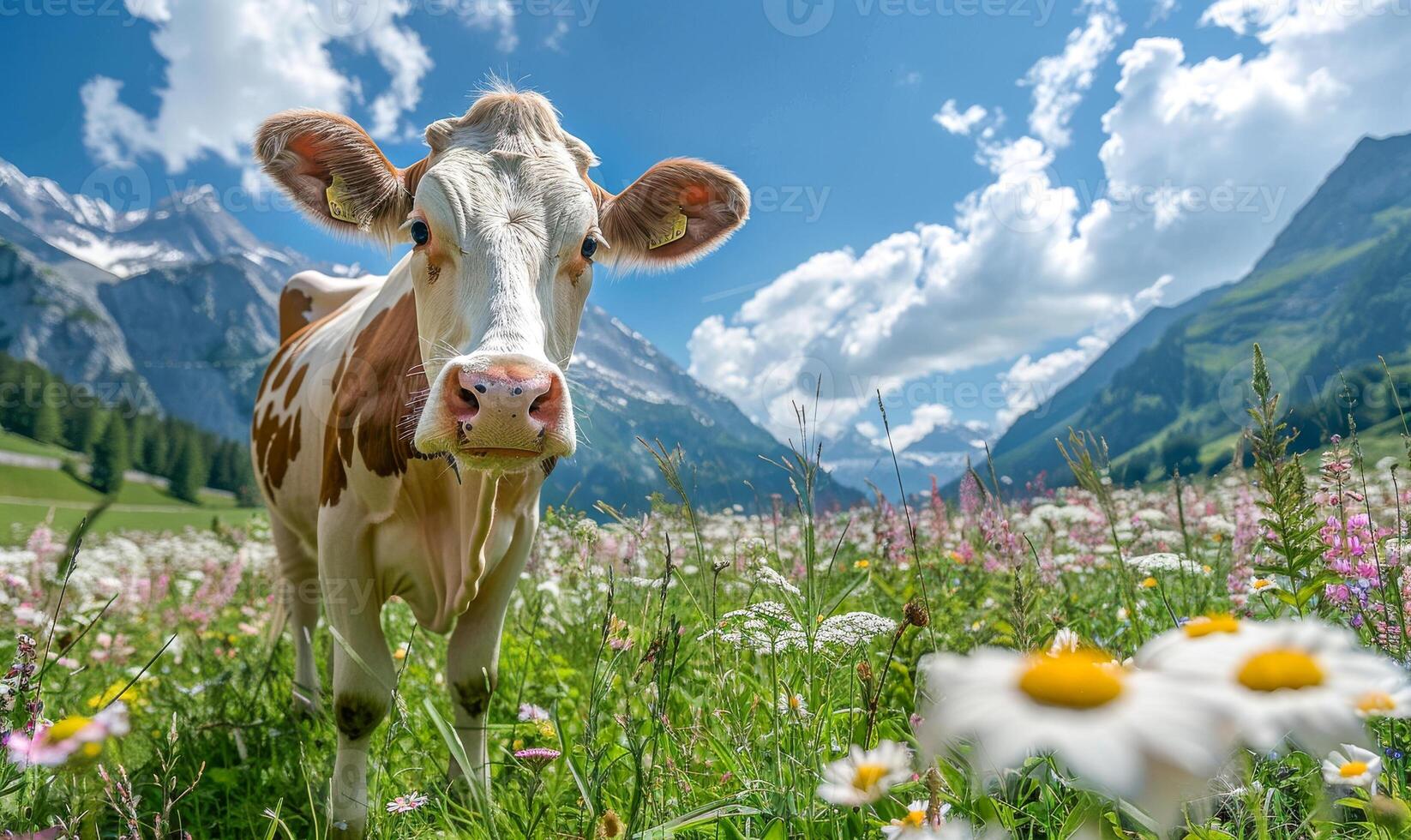 Curious Cow in Pasture with Herd Behind photo