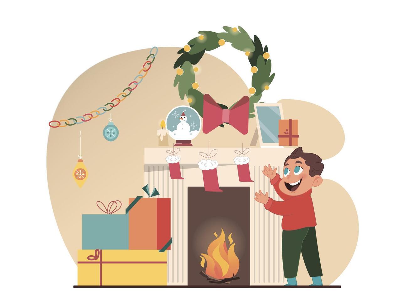 Christmas celebration. Happy boy at fireplace, decorated for Christmas vector