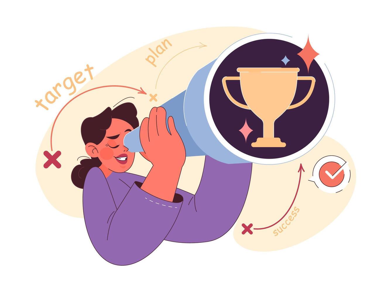 Motivation. Young confident woman soft skill. Ambitious character vector