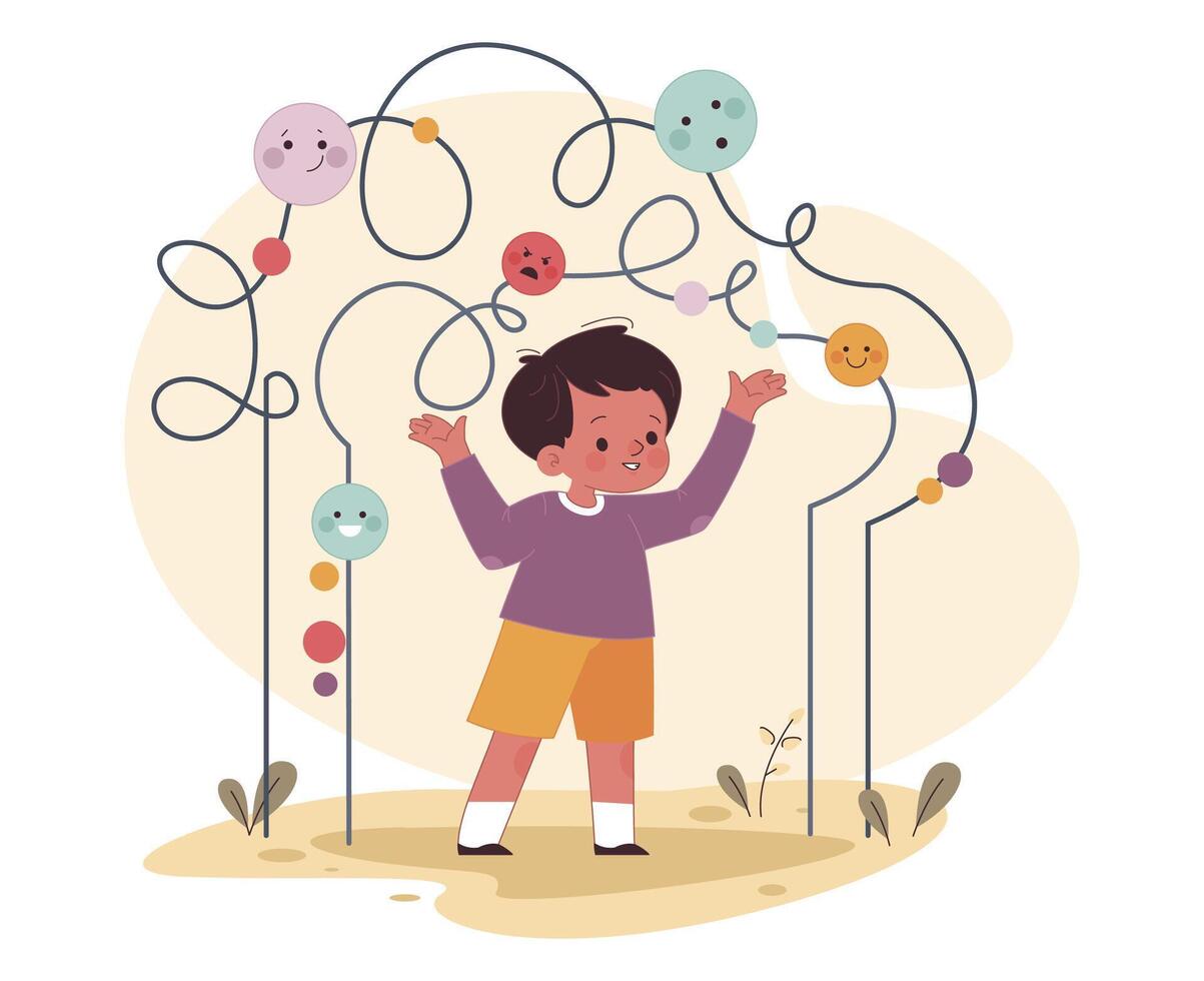 Little preschool boy with high emotional intelligence. Positive parenting vector