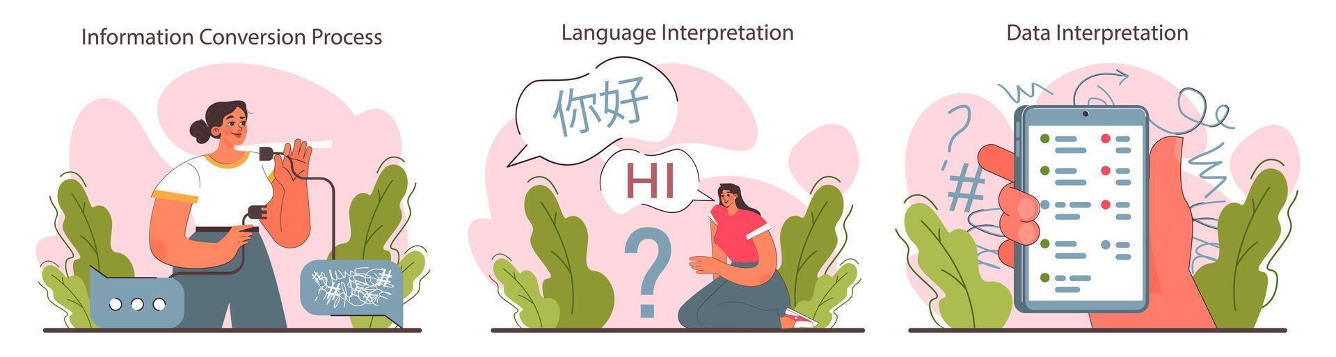 Interpretation set. Data literacy. Information understanding, analysis vector