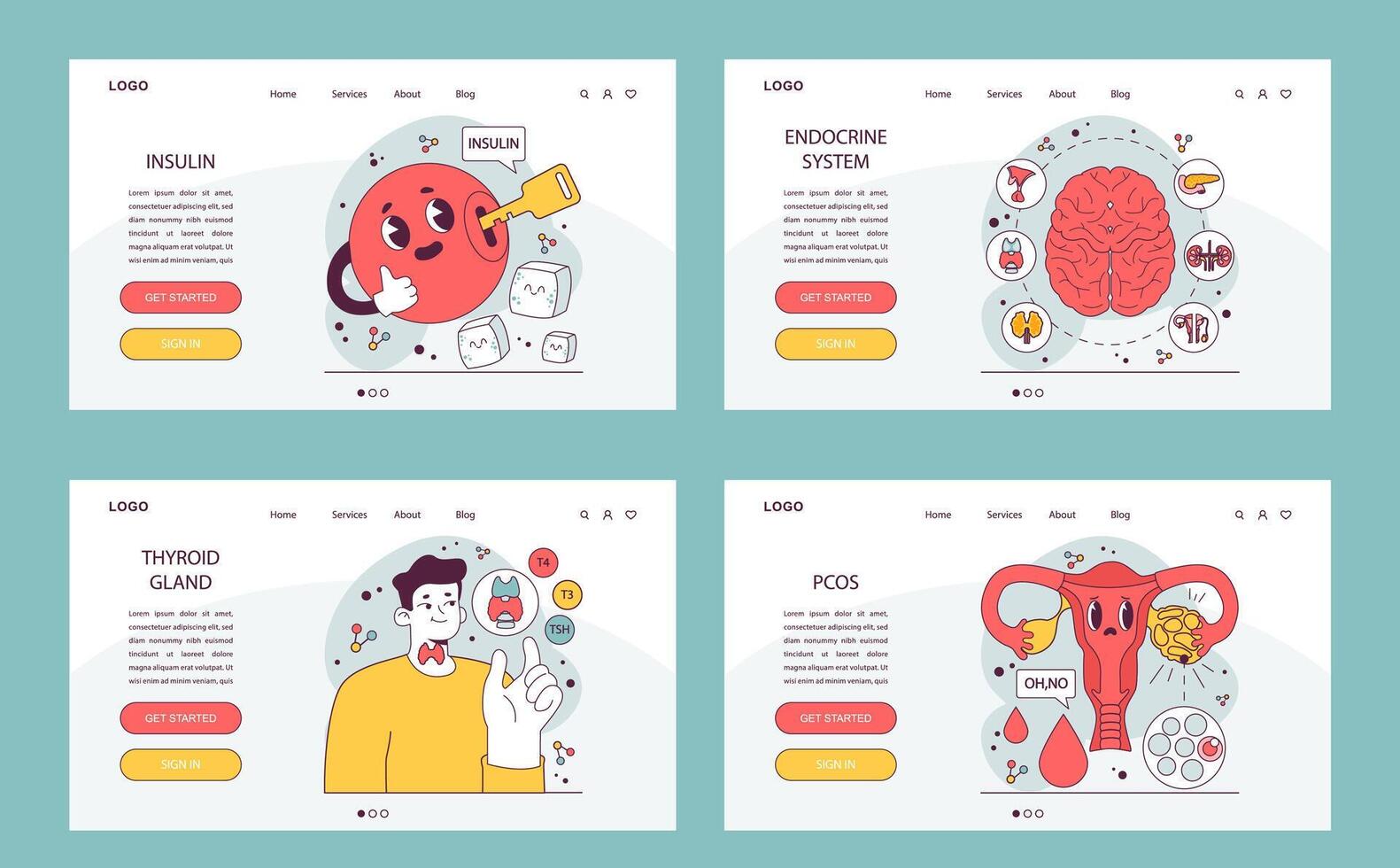 Endocrine system organs and disease web banner or landing page. Human pituitary vector