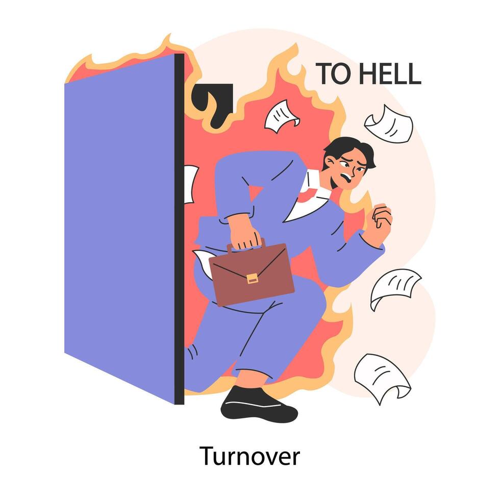 Professional burnout. Turnover. Young employee on fire at workplace. vector