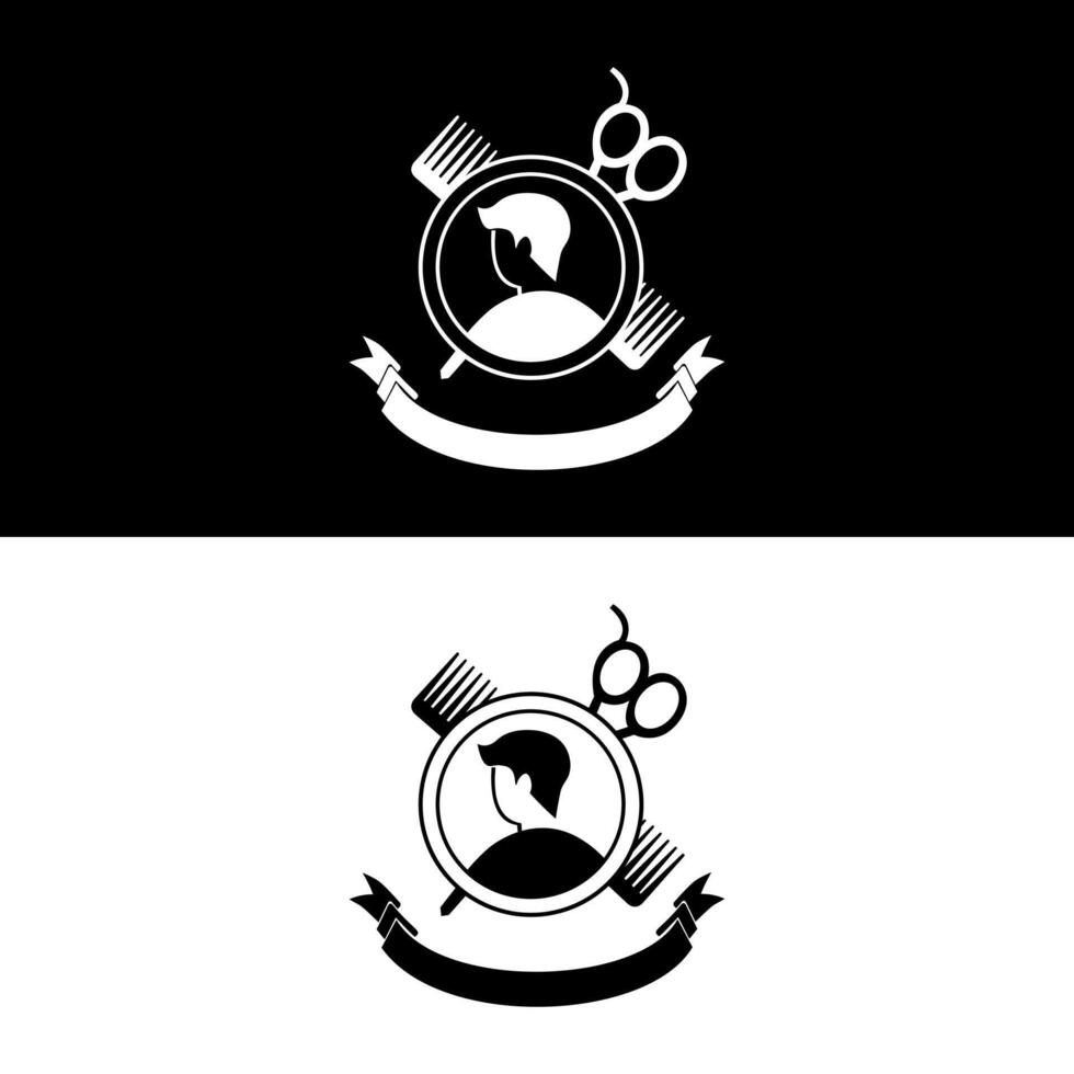 Classic barbershop logo design with scissors, comb, mirror and the silhouette of man vector