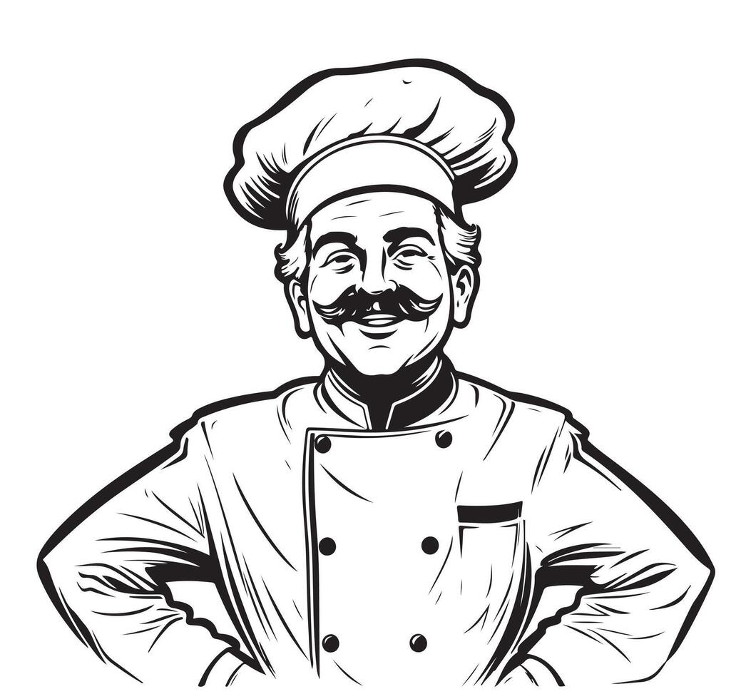 chef in working uniform, black apron, hat. Portrait of baker smiling man in a chef cap in the restaurant kitchen vector