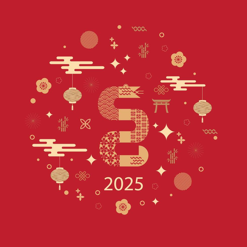 Chinese New Year 2025, Year of the Snake, zodiac. Chinese New Year banner template with snake and traditional patterns. Minimalistic style. vector