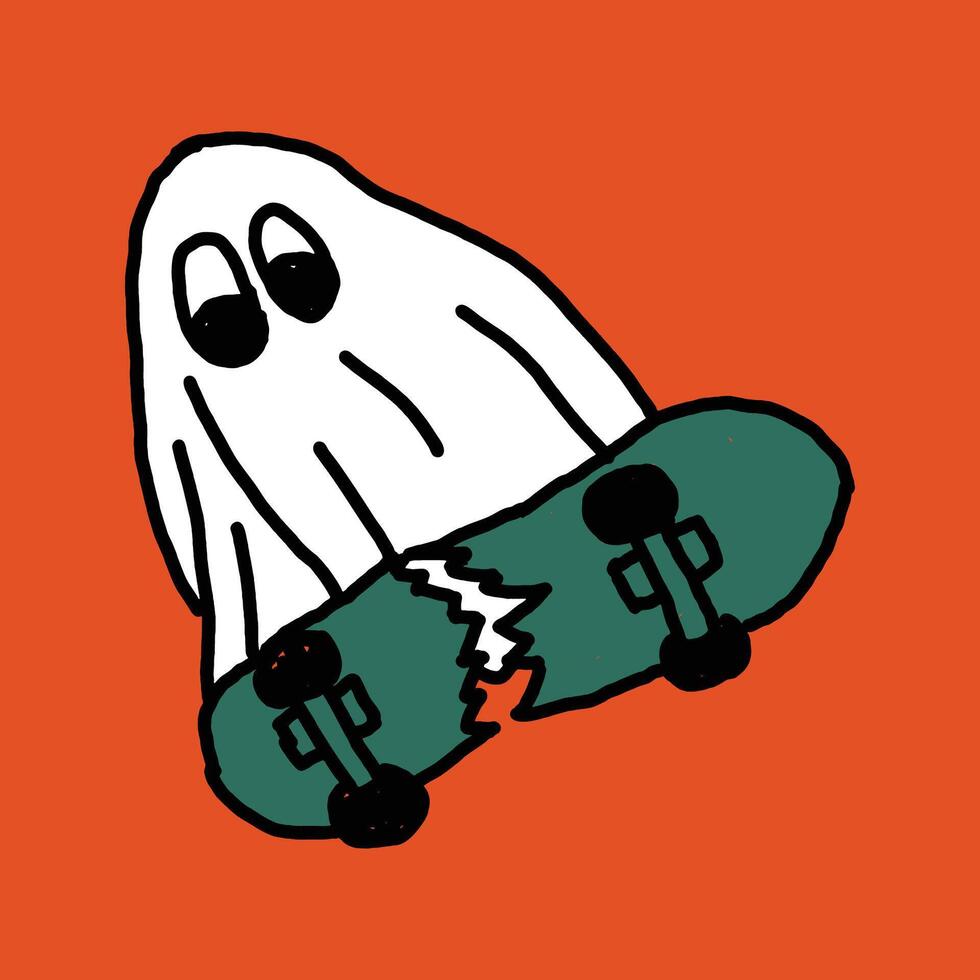 hand drawn cute ghost skateboard illustration vector