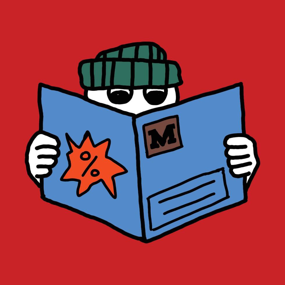 hand drawn cute character y2k reading book vector