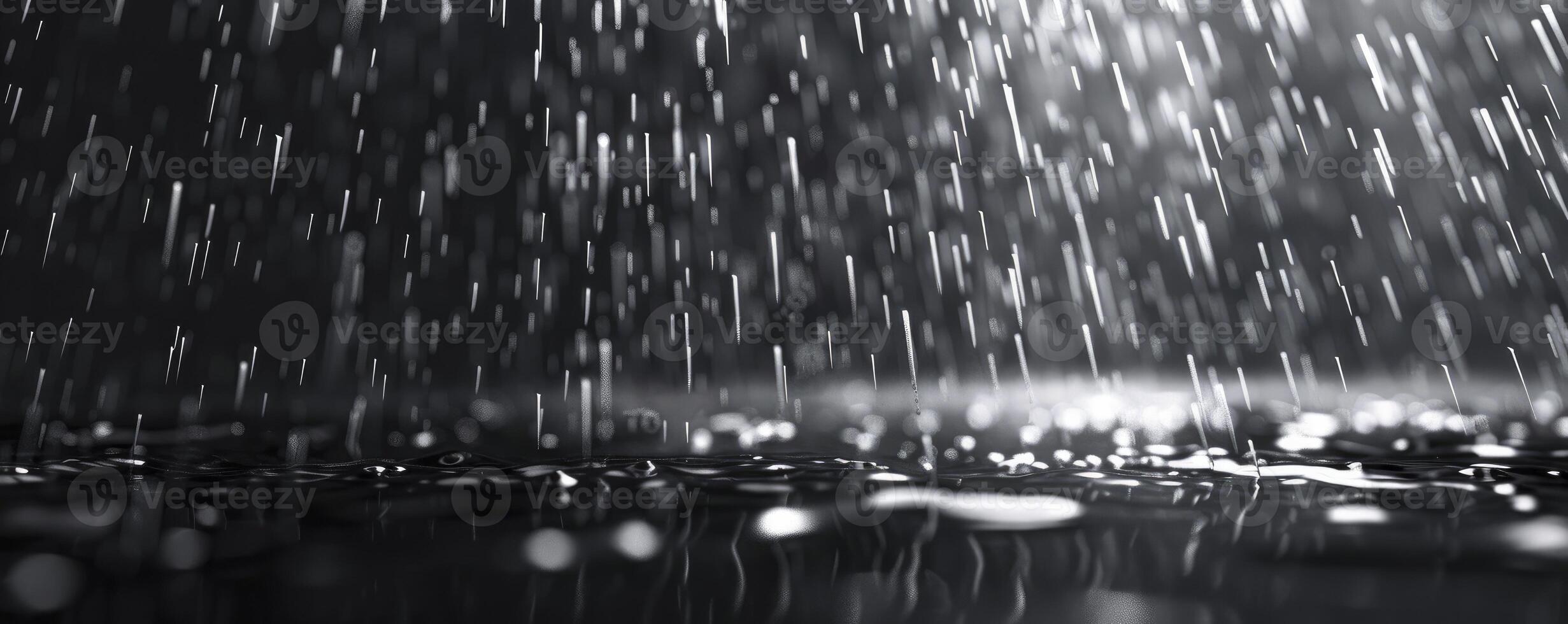 A black background with rain, raindrops falling. photo