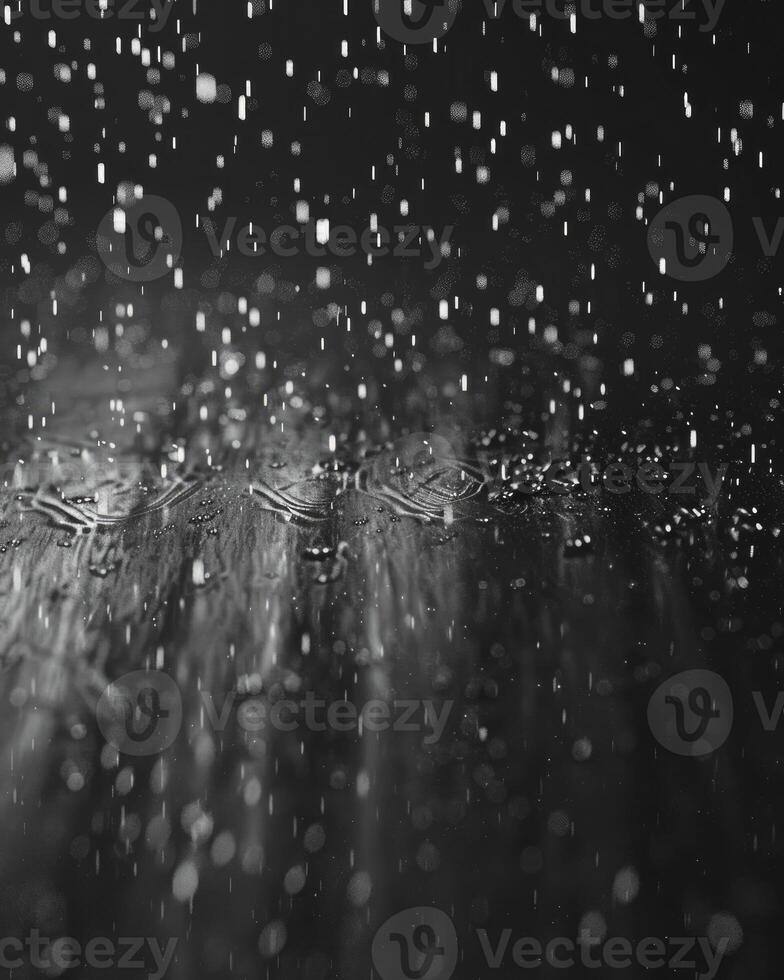 A black background with rain, raindrops falling. photo
