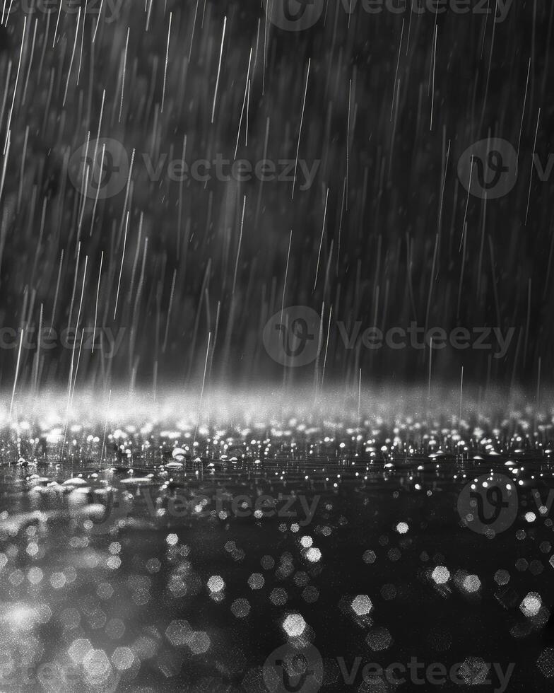 A black background with rain, raindrops falling. photo