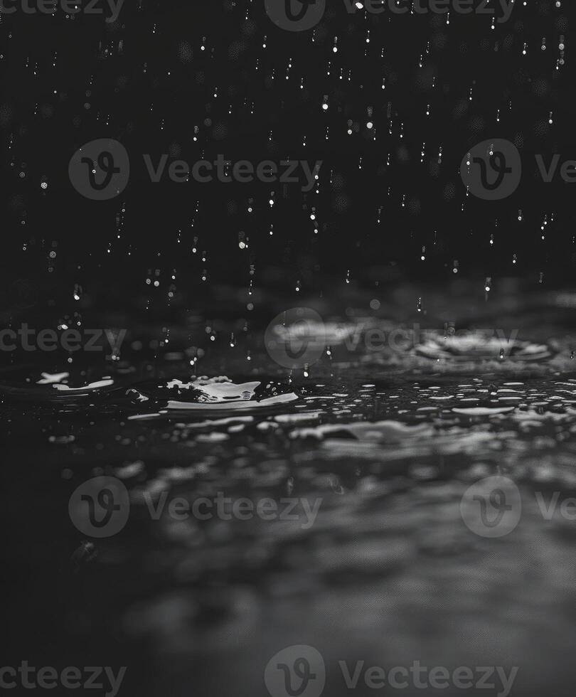 A black background with rain, raindrops falling. photo