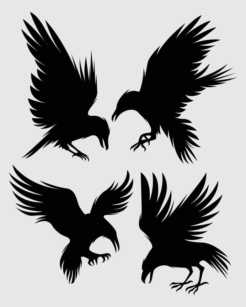 Raven silhouette collection crow bird wings flying illustration template paper cut sticker print art t shirt design element editable vector