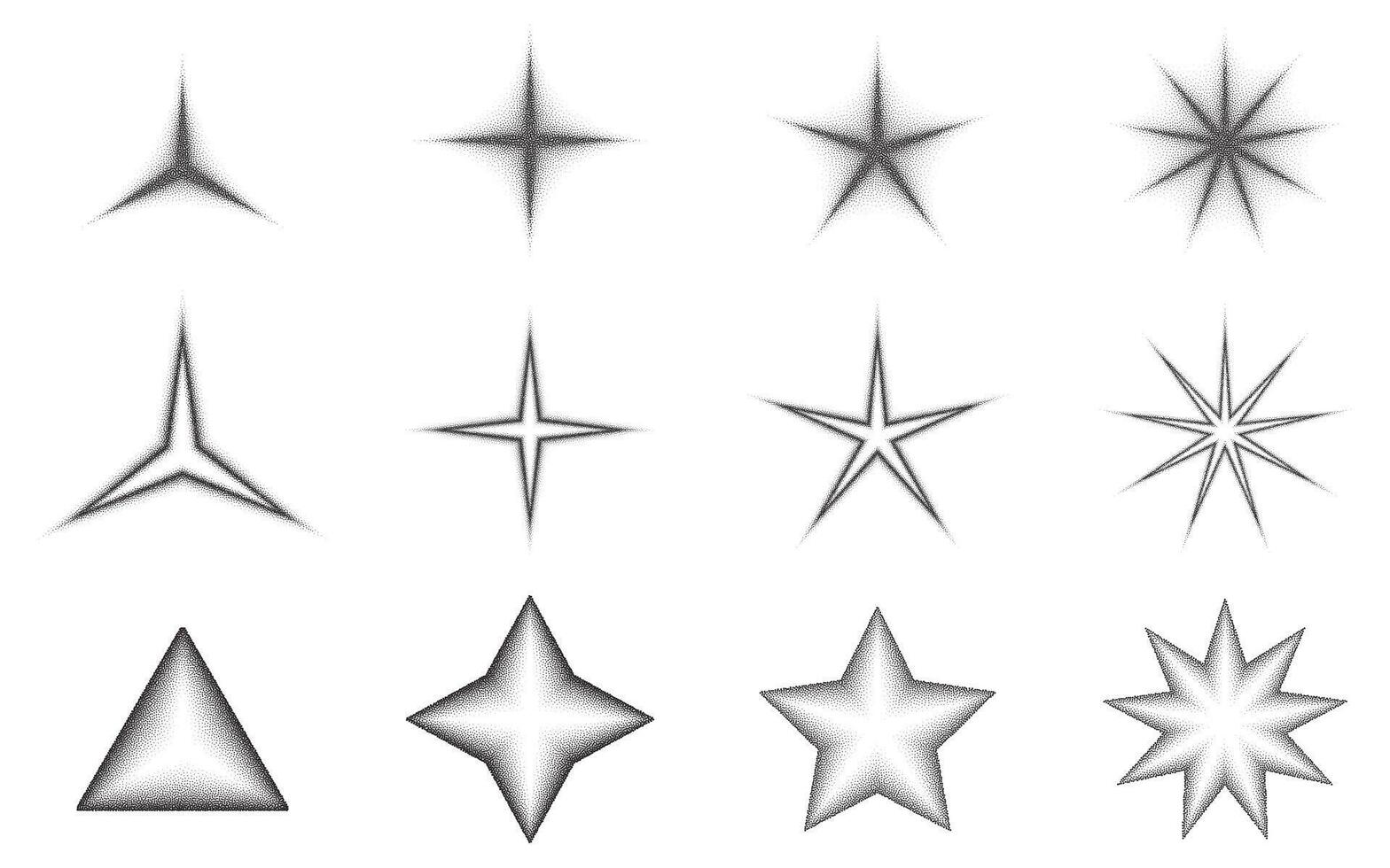 Doted grainy star icon collection. Stipple noise texture star shape. halftone sparkle vector