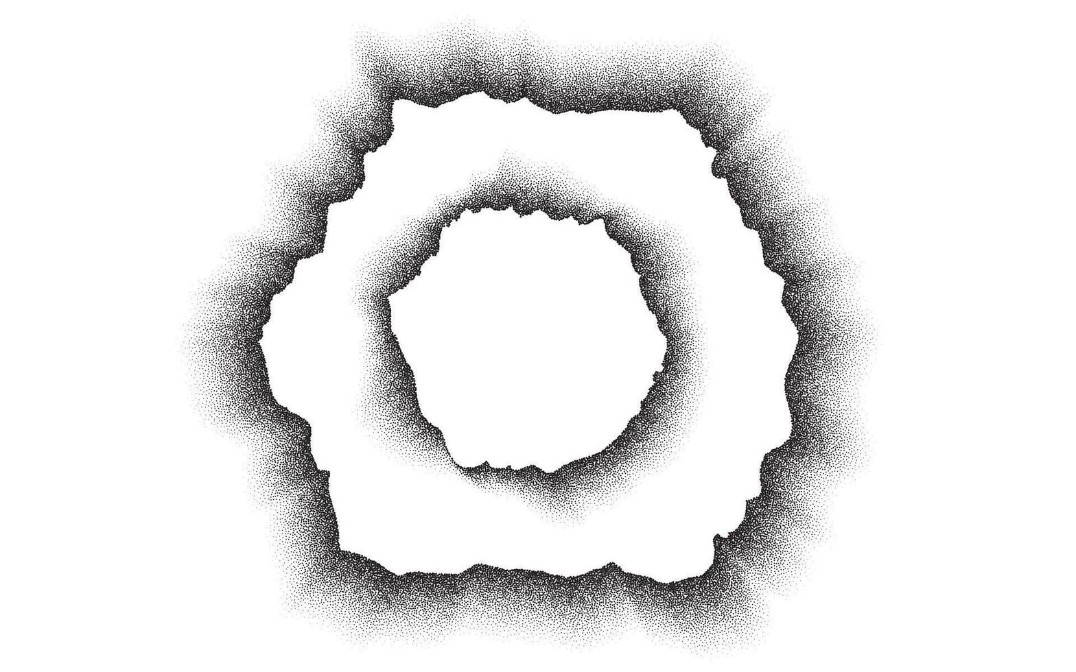 Hole made of stipple noisy dot in white paper, grainy burnt effect paper, portal dimension background vector
