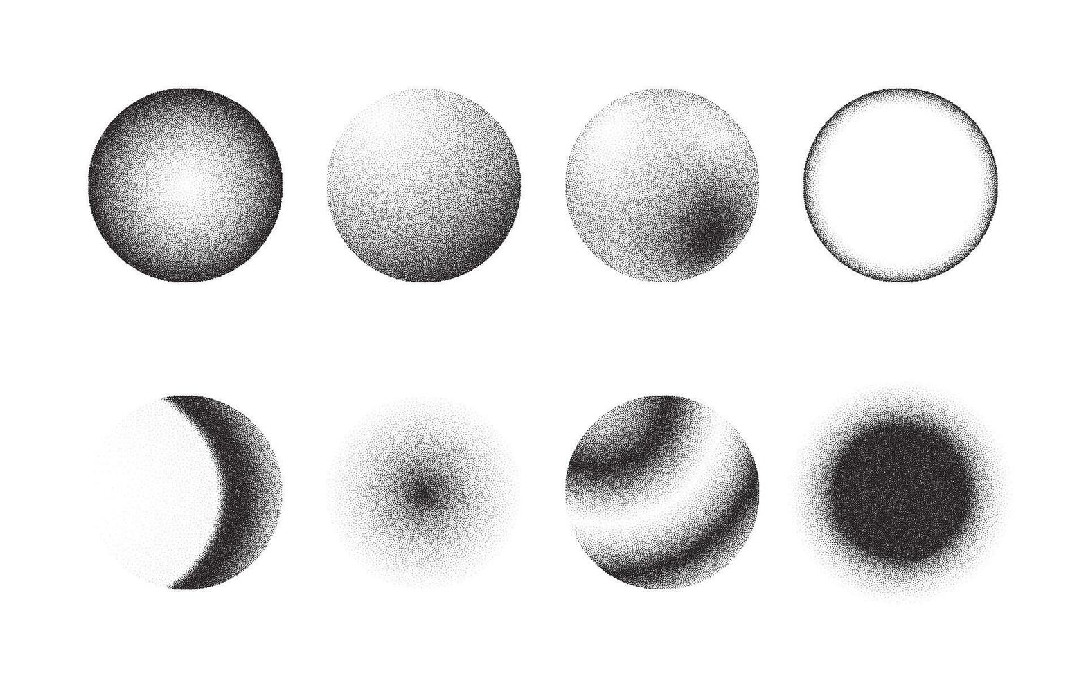 Gradient stipples noise circles made of grains and dots, halftone round pattern texture elements vector