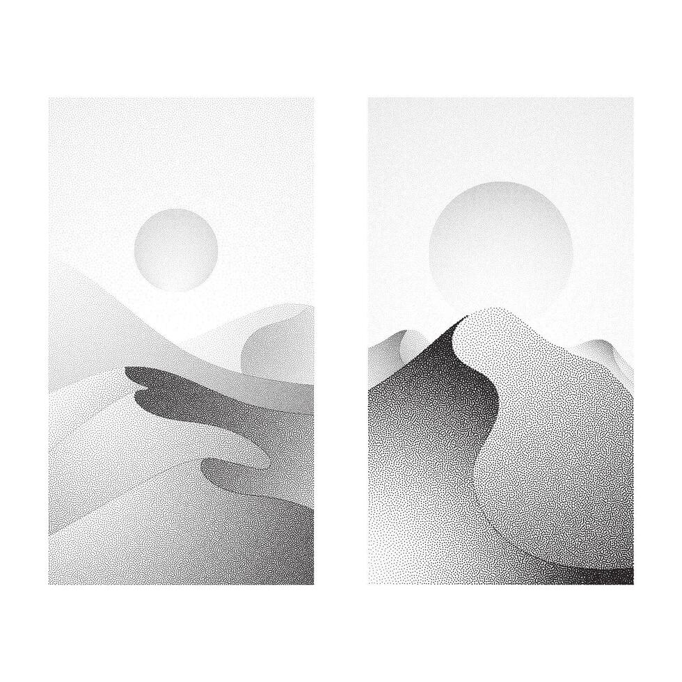 Desert and dune stipple dots silhouette poster illustration pack, noise hill mountain grainy texture vector