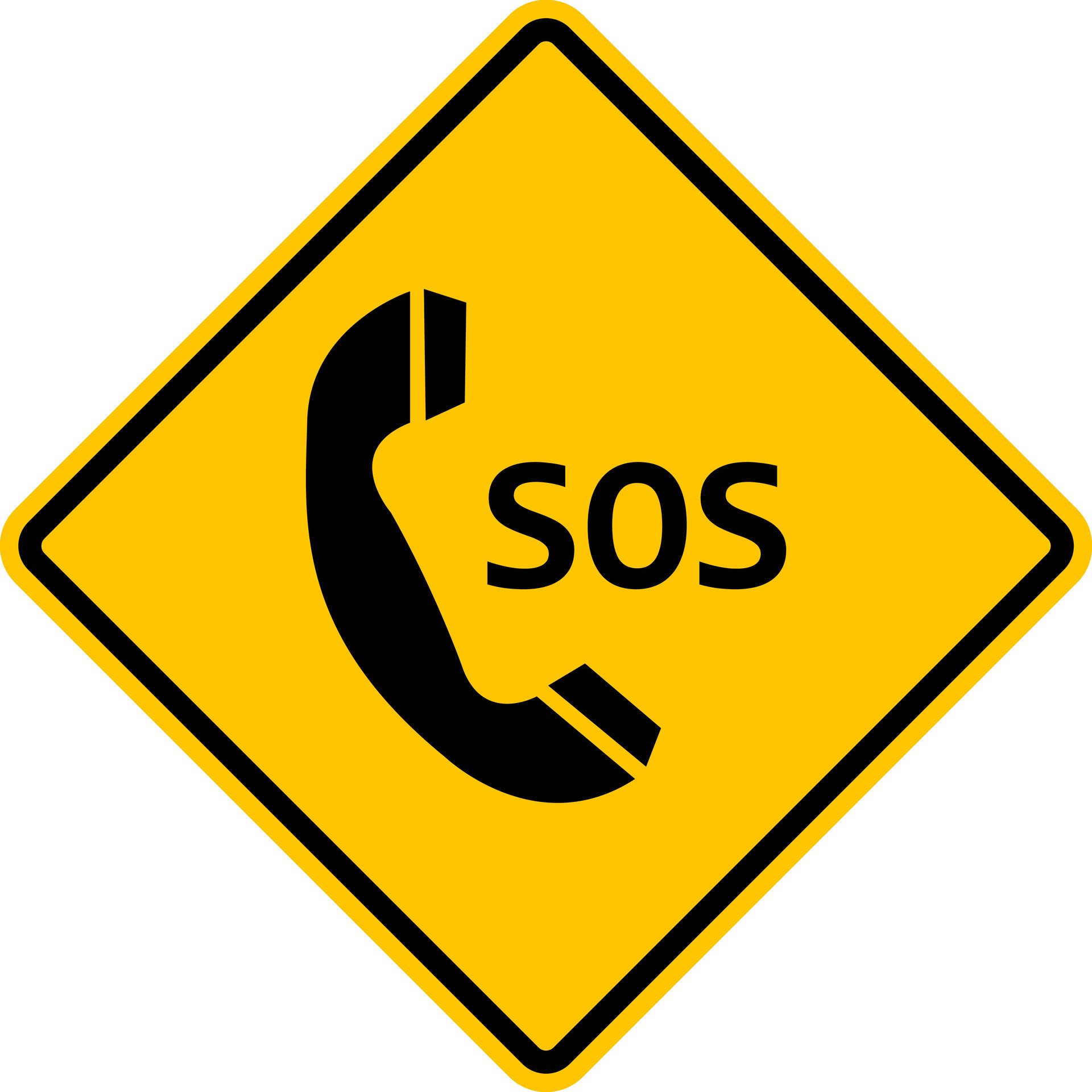 SOS sign. SOS is an international distress signal. Warning yellow road