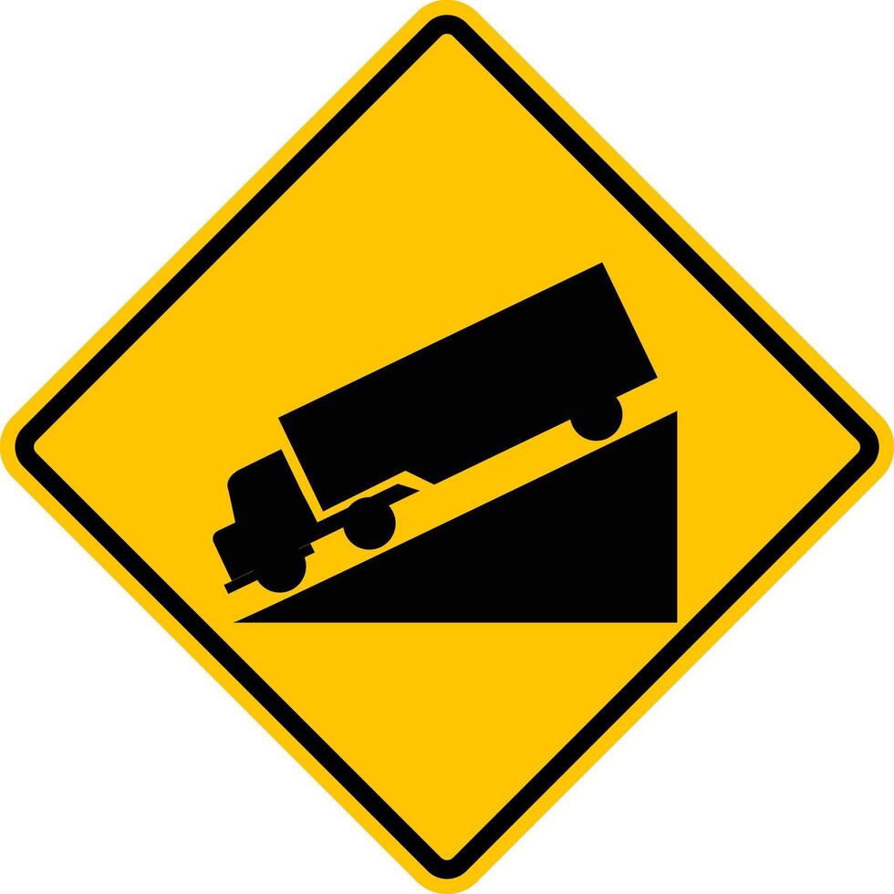 Sign steep descent. Warning yellow road diamond shaped sign. Dangerous hill. Control the speed of the car. Shift to a lower gear. Diamond road sign. Rhombus road sign. Warning yellow road sign. vector