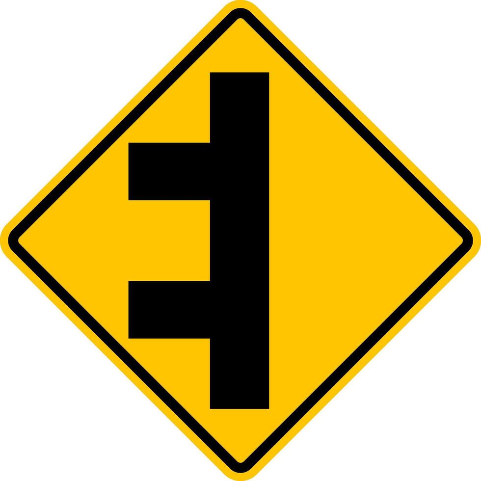 Unregulated intersection with an adjacent road. From left side. Sign for merging road on left side. Road junction. A junction where one street or road intersects another. Warning yellow sign. vector