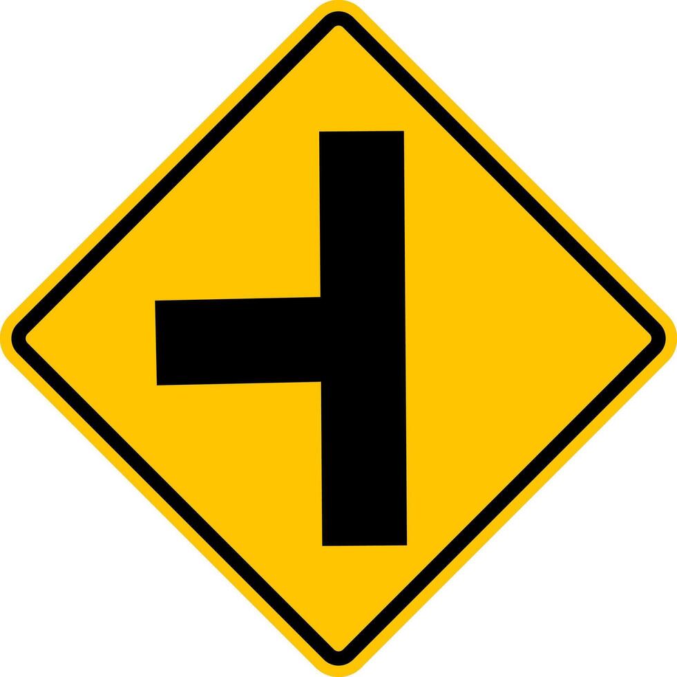 Unregulated intersection with an adjacent road. From left side. Sign for merging road on left side. Road junction. A junction where one street or road intersects another. Warning yellow sign. vector