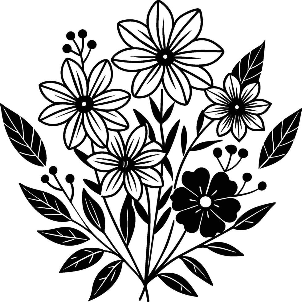 Hand drawn simple Floral flowers line art flat design outline, ornaments set. Doodle outline plant. Drawings element silhouette on white background vector