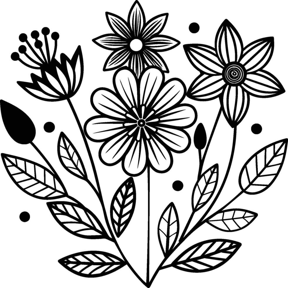 Hand drawn simple Floral flowers line art flat design outline, ornaments set. Doodle outline plant. Drawings element silhouette on white background vector