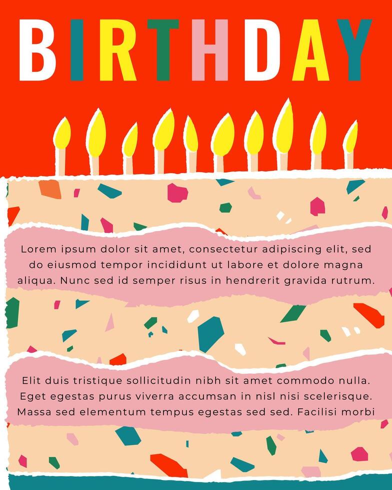 Birthday cartoon cake illustration on red background with text. Sticker style greeting card in retro style. Cute postcard for child or design for your brand. vector