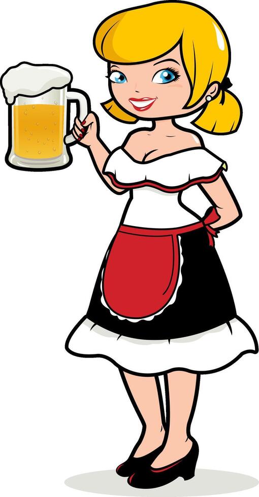 Oktoberfest party celebration. A beautiful cartoon German waitress serving a glass of cold beer. vector
