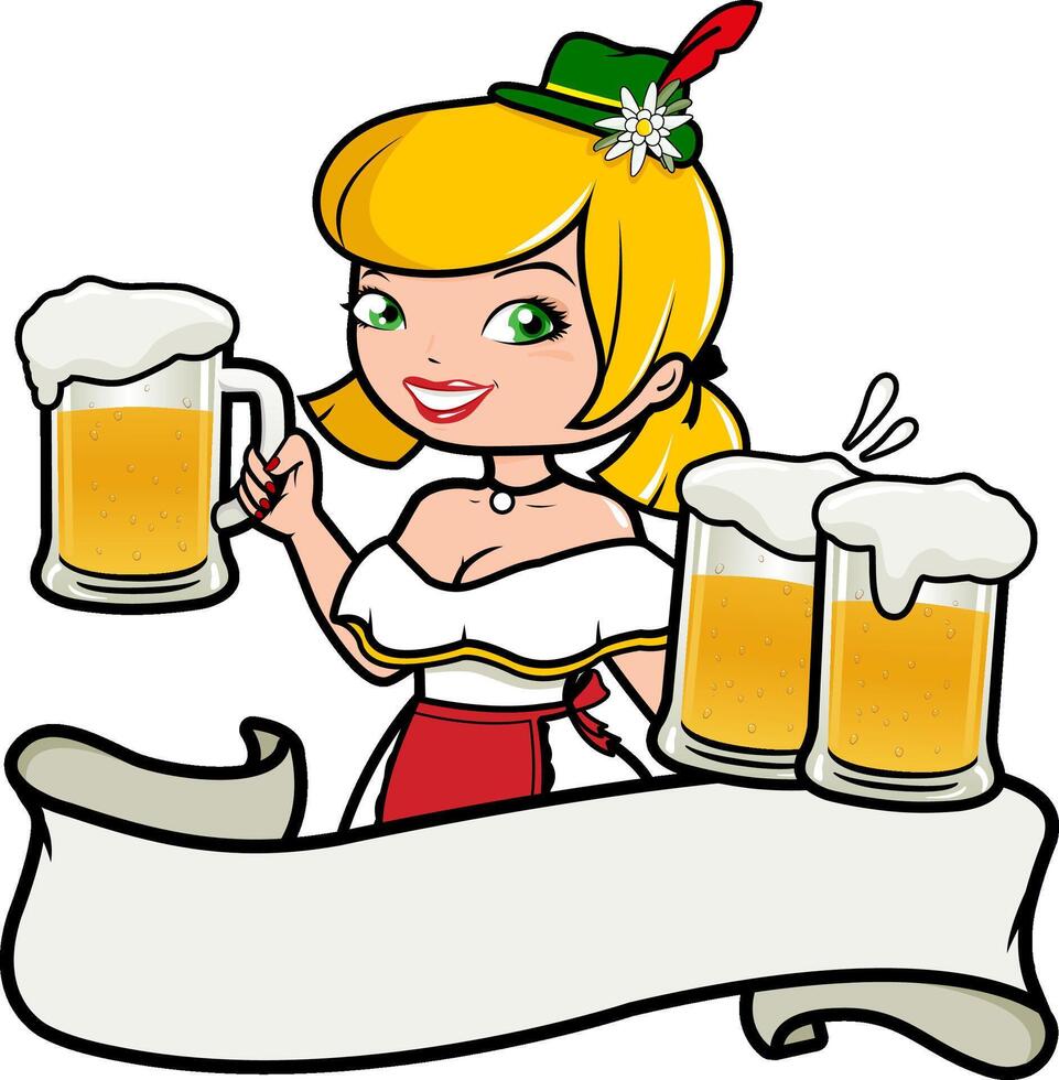 Blank banner with pretty woman serve drinks at the pub. A beautiful waitress serving cold glasses of beer at Oktoberfest and blank ribbon banner. vector