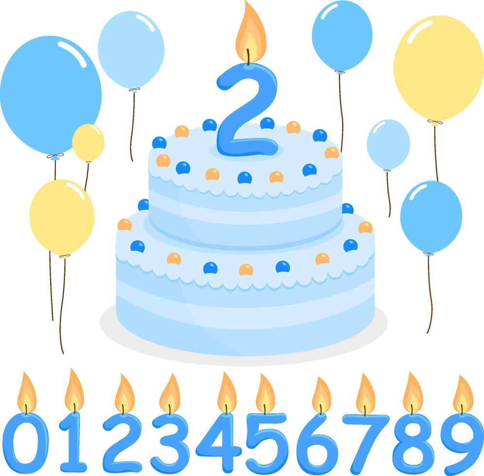 Kids birthday party cake for baby boys. A blue birthday cake for children, balloons and number candles. vector