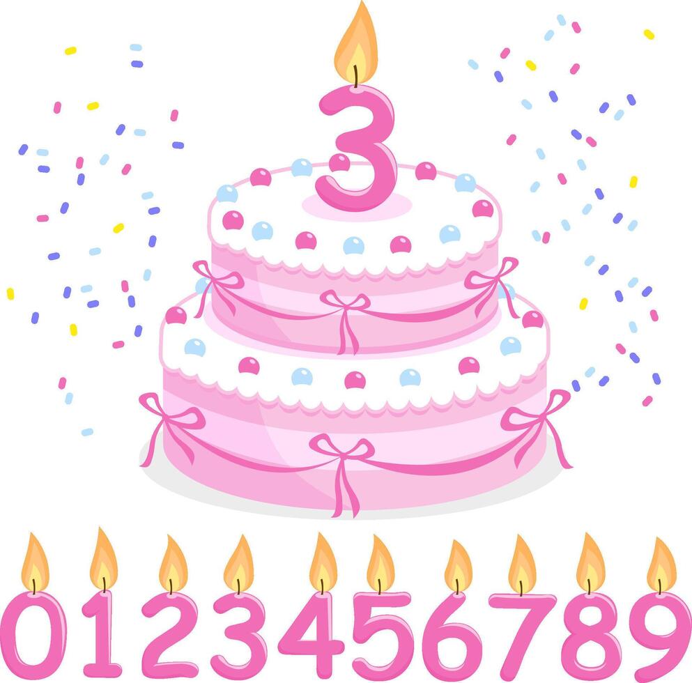 Pink birthday party cake, confetti, ribbons and candles. Children birthday cake. vector