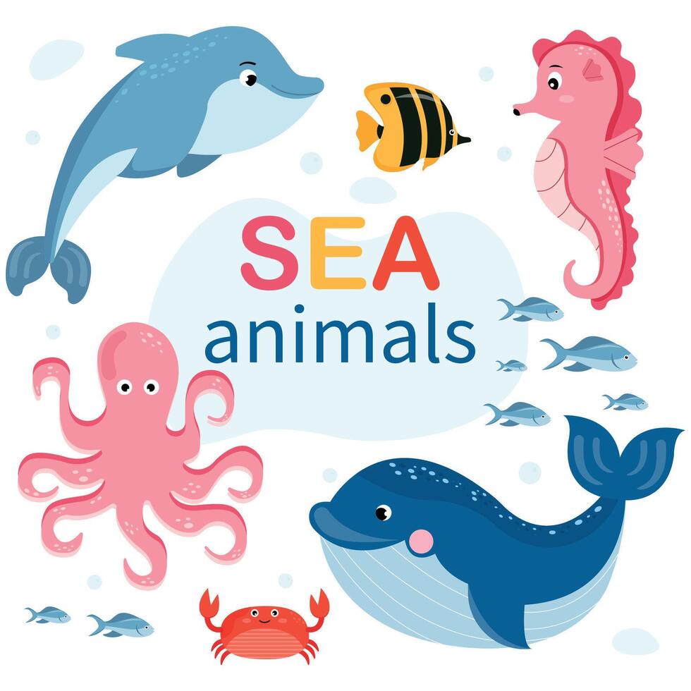 Cartoon Sea animal set. Fish, octopus, crab, seahorse, whale and dolphin vector