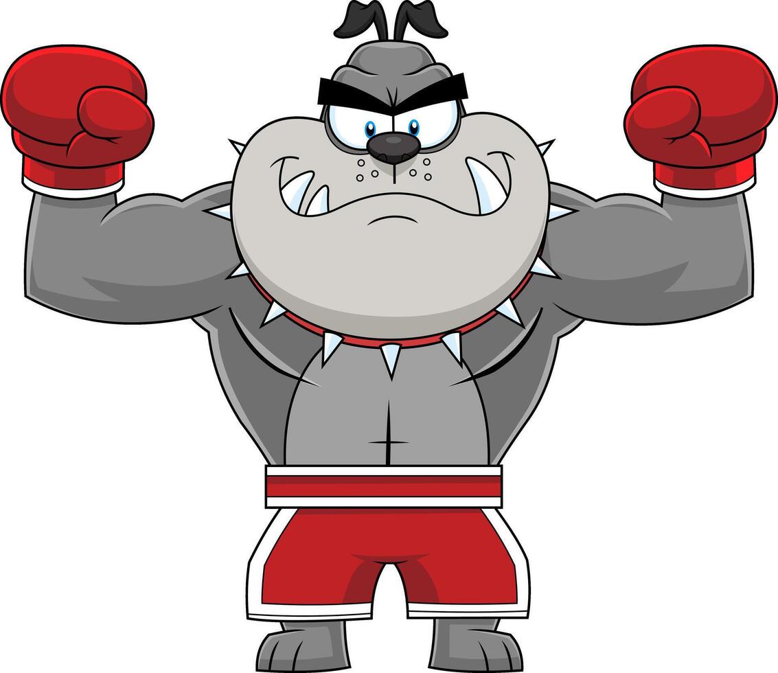 Gray Bulldog Cartoon Character Boxing Champion In Red Boxing Shorts Wearing Red Boxing Gloves vector