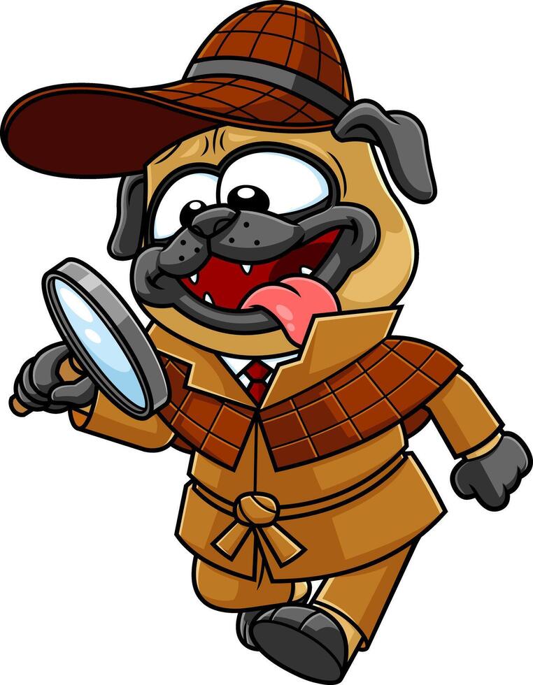 Detective Pug Dog Cartoon Character Looking For Items With A Magnifying Glass vector