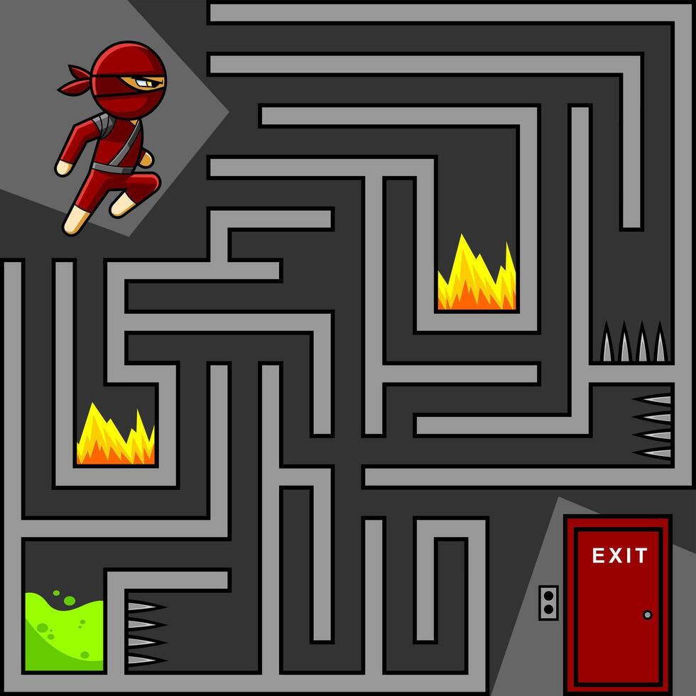 Cartoon Maze Game Education For Kids Help Ninja Warrior Pass The Obstacles And Reaches A Way Out vector