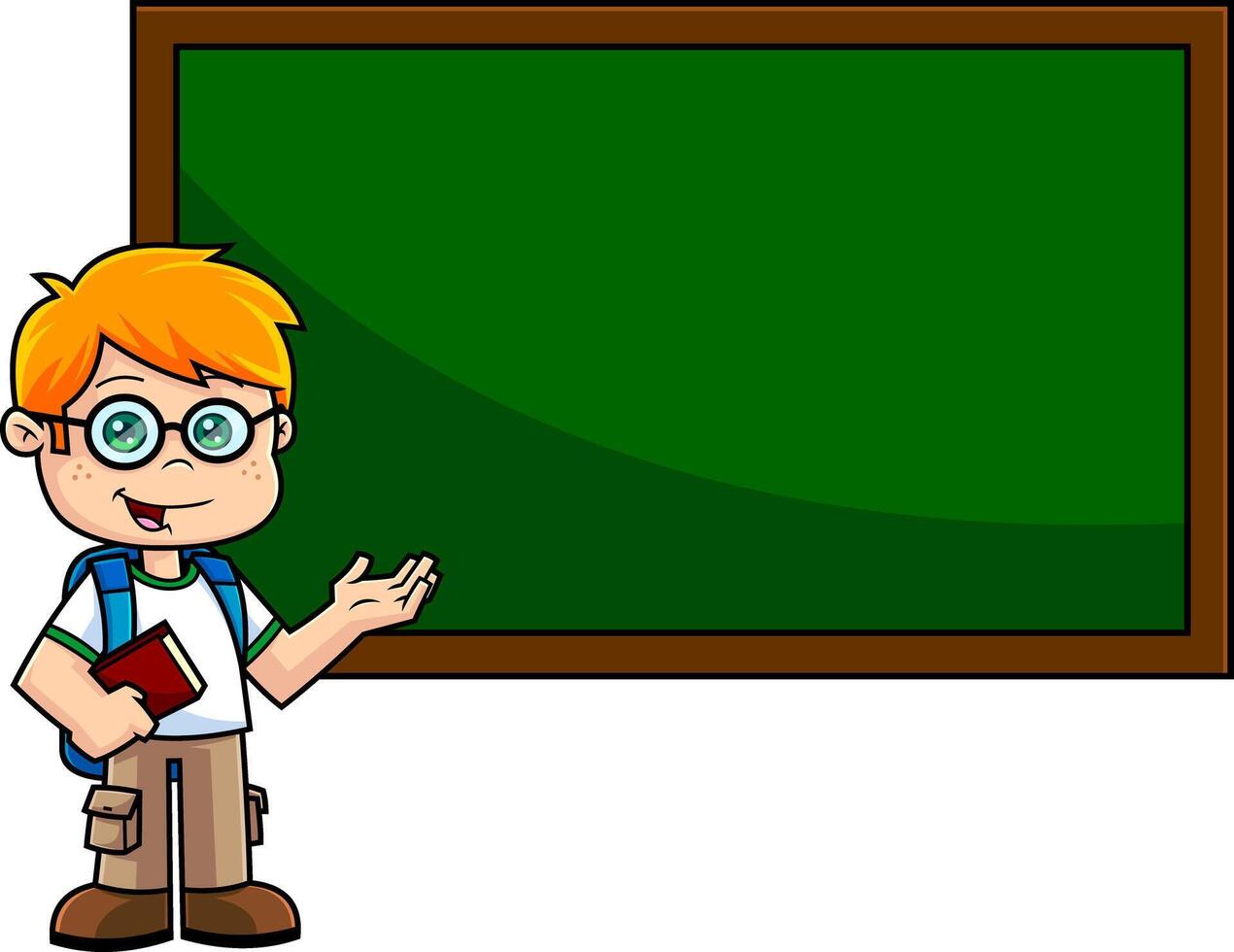 Happy School Boy Cartoon Character With Textbooks Pointing To Green Chalk Board vector