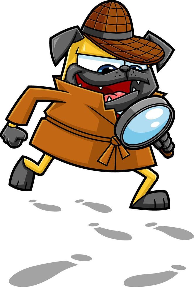 Funny Detective Pug Dog Cartoon Character With Magnifying Glass Following A Clues vector