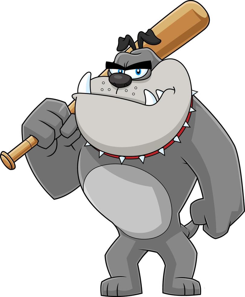 Angry Gray BullDog Cartoon Character Holding Club vector