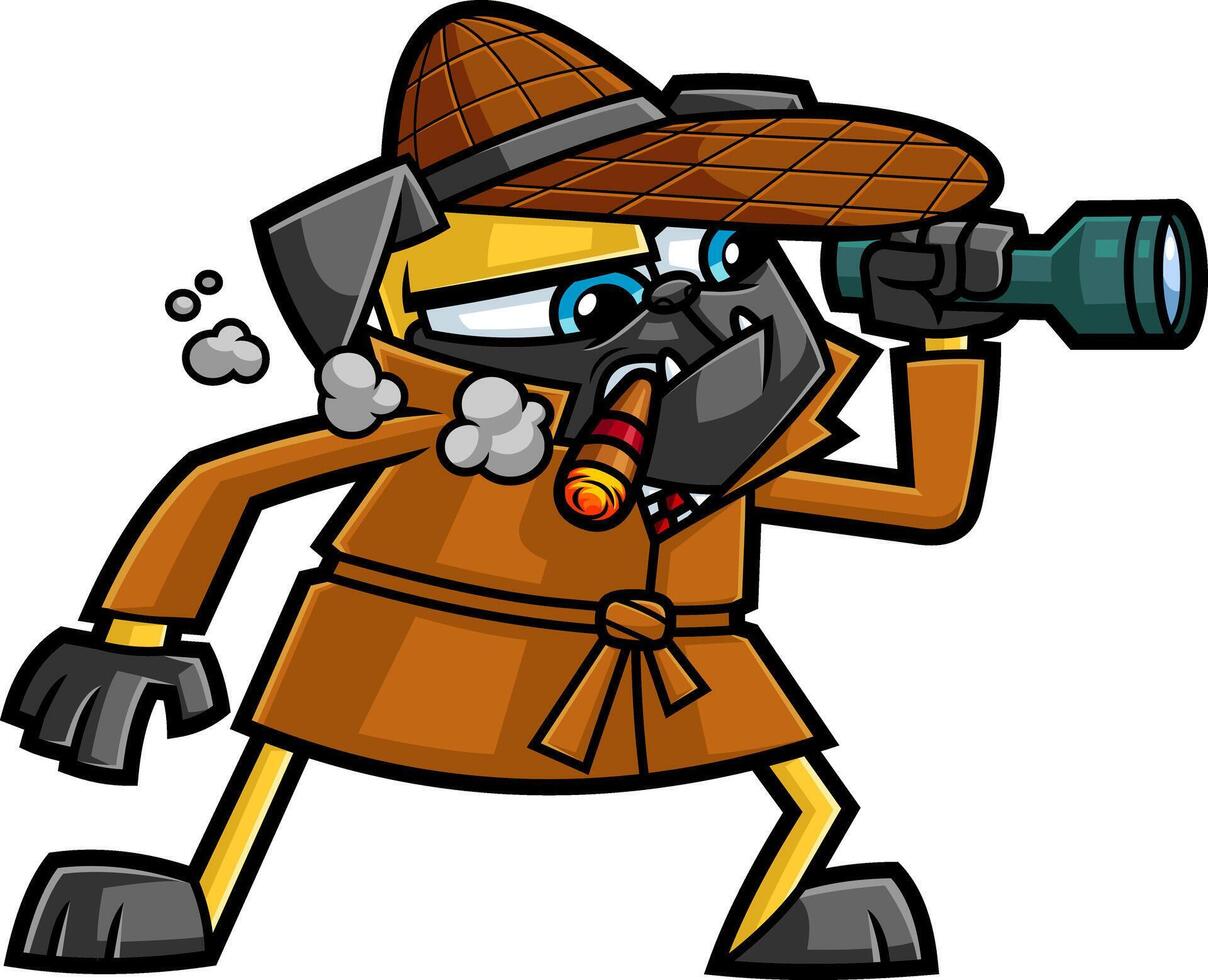 Funny Detective Pug Dog Cartoon Character Smoking A Cigar And Holding A Flashlight And Shines vector