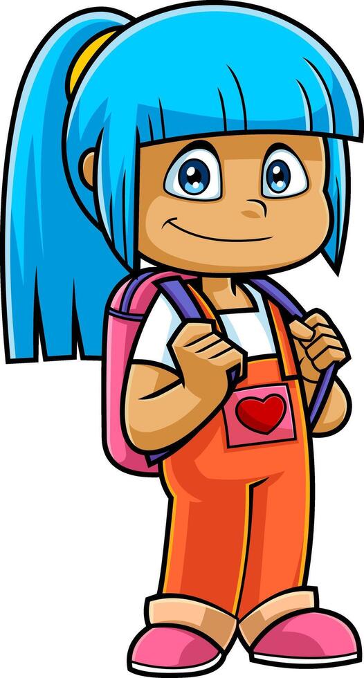 Cute School Girl Cartoon Character With Backpack Standing vector