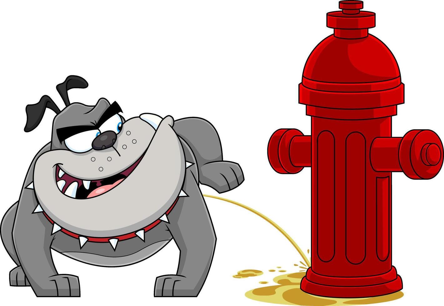 Gray Bulldog Cartoon Mascot Character Peeing On A Fire Hydrant vector
