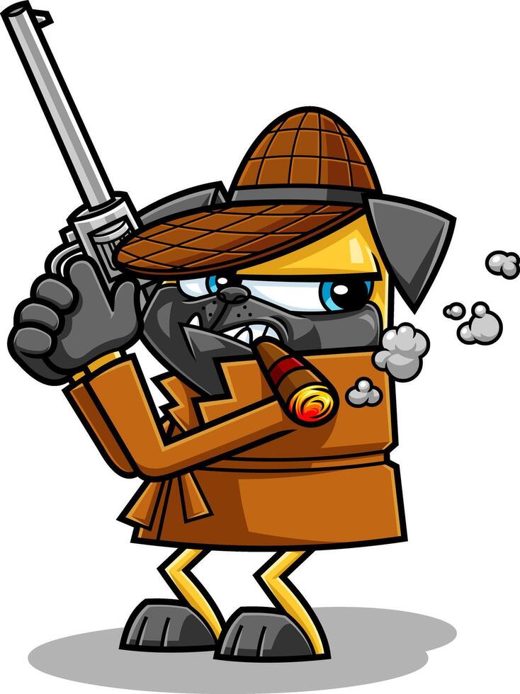 Detective Pug Dog Cartoon Character Smoking A Cigar And Holding A Gun vector