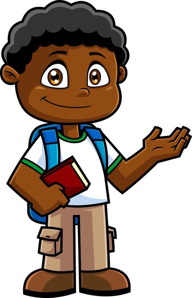 African American School Boy Cartoon Character With Textbooks Speak vector