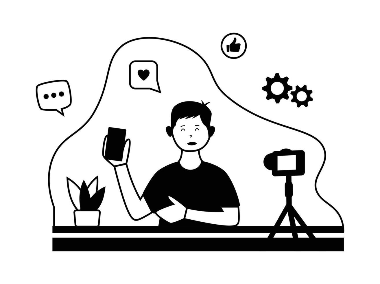 Content Creators Outline Illustrations Set, Blog Advertising Content Creativity Marketing Elements. Character live Stream vector