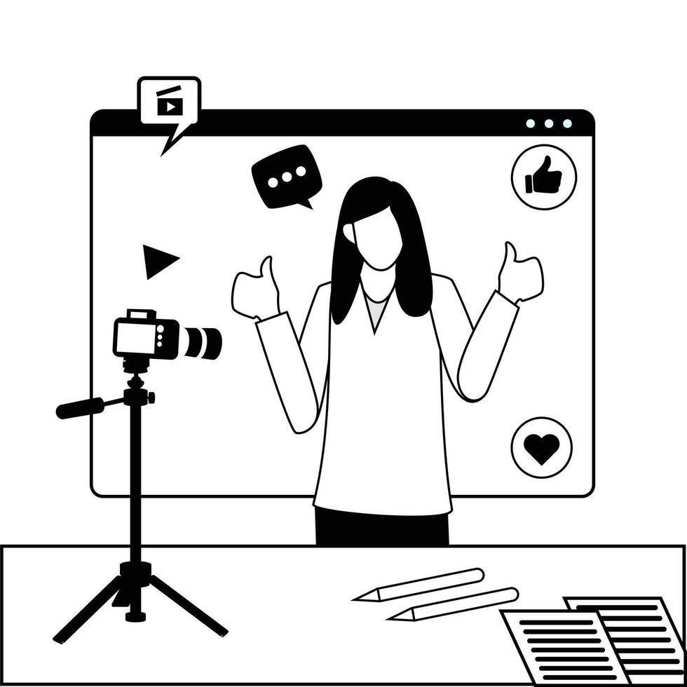 A woman Sits On A Platform With A Microphone And Outline Illustrations With Black And White Color. Social Media Online live Stream, Web Camera Streaming, Production Development. vector