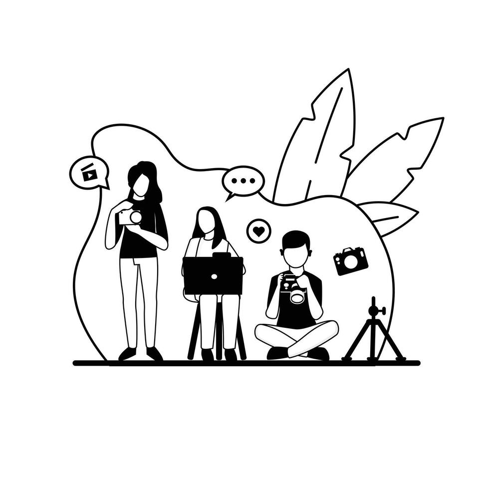 A Black And White Drawing Of A Couple And A Man With A Camera And A Woman With A Camera In Front Outline Illustrations Set, content Creators Line Art . vector