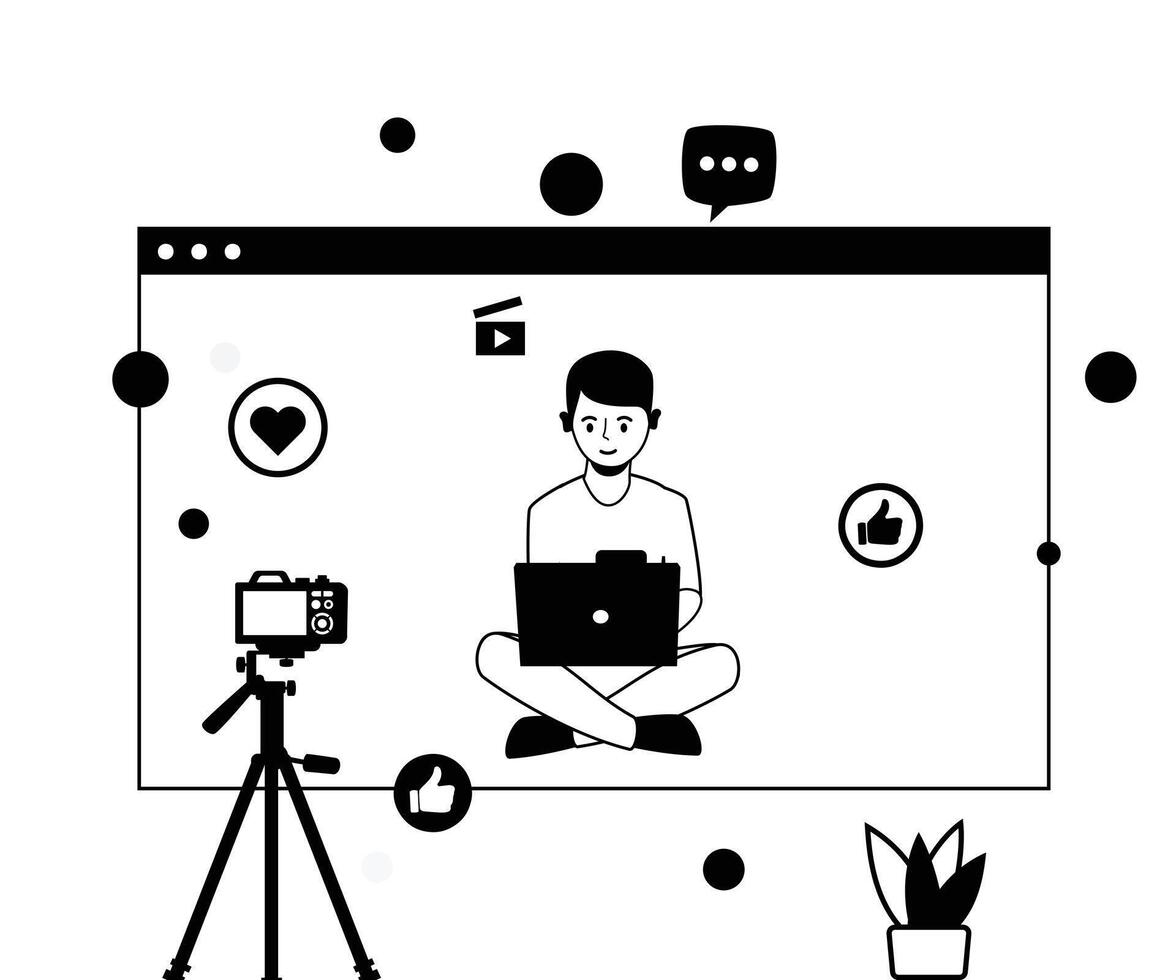 Content Creators Outline Illustrations Set, Blog Advertising Content Creativity Marketing Elements. Character live Stream vector