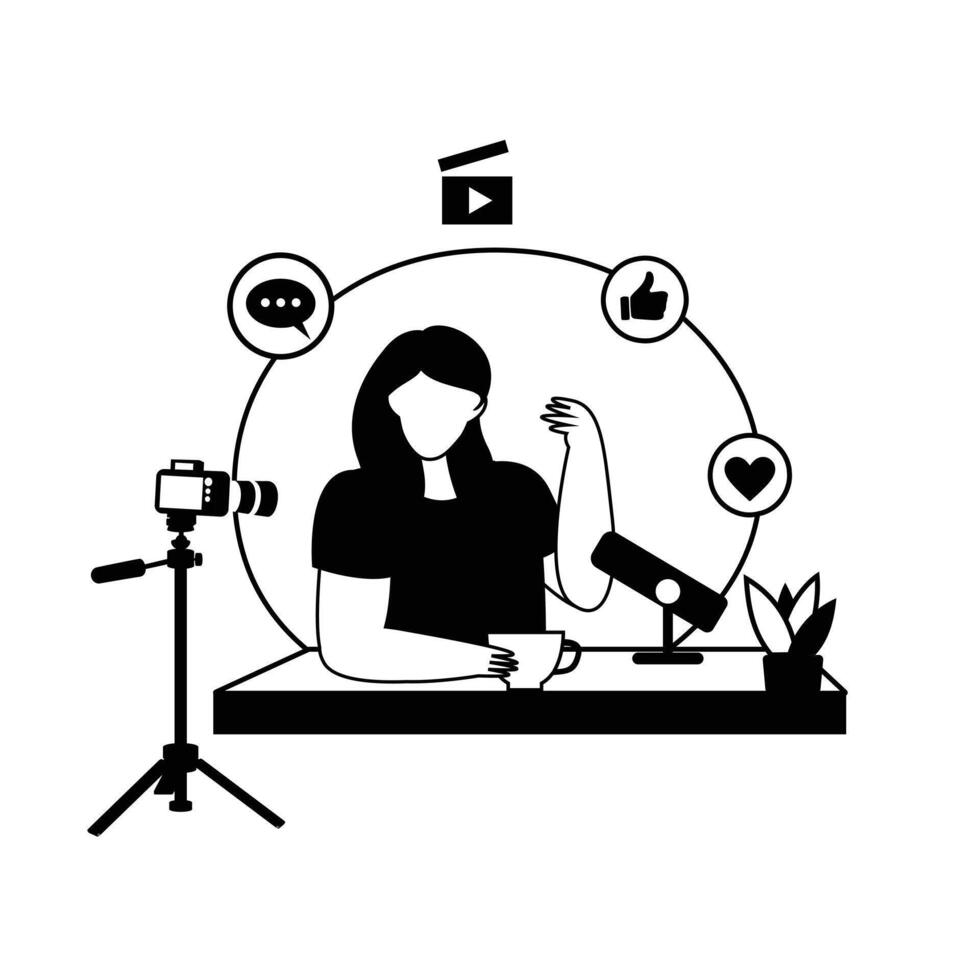 A woman Sits On A Platform With A Microphone And Outline Illustrations With Black And White Color. Social Media Online live Stream, Web Camera Streaming, Production Development. vector